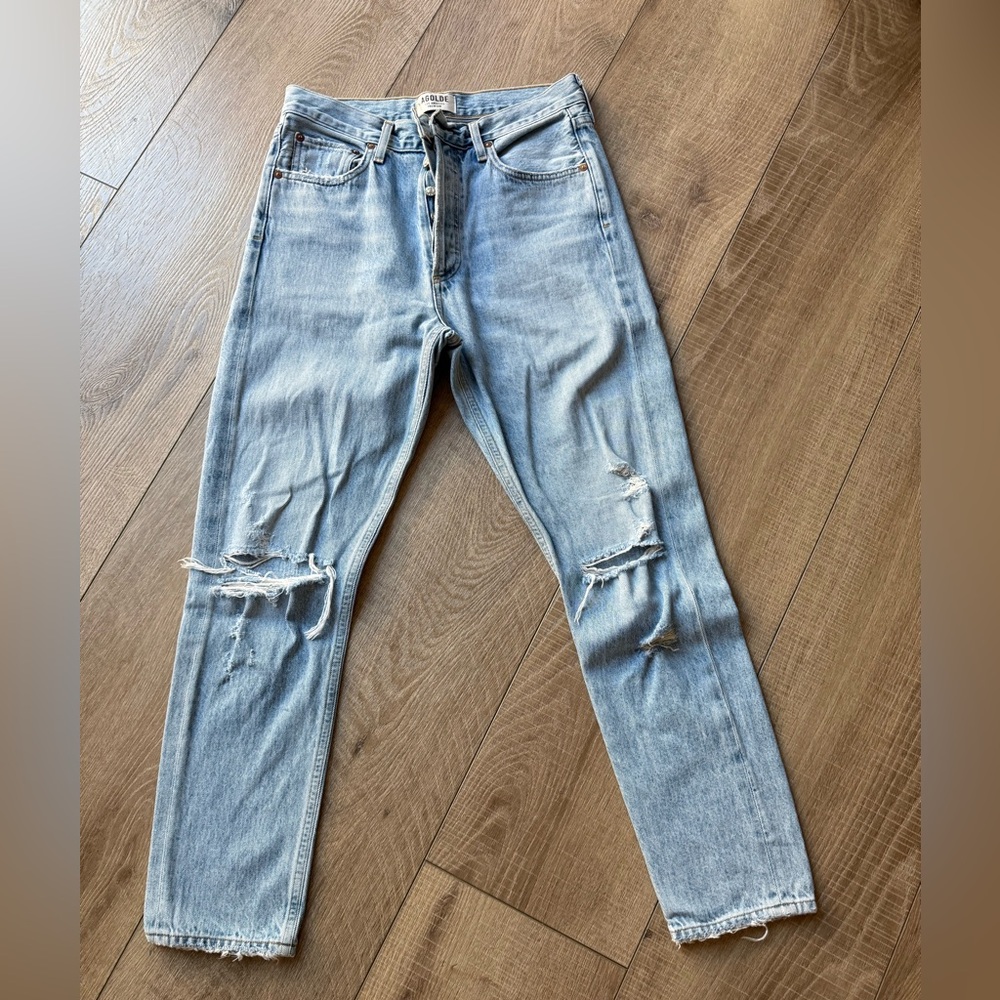 AGOLDE Jamie High Rise Distressed Straight Jeans – Light Wash, 100% Cotton